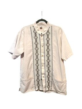 Casual Embroidered Cream Short-Sleeve Button-Down Shirt